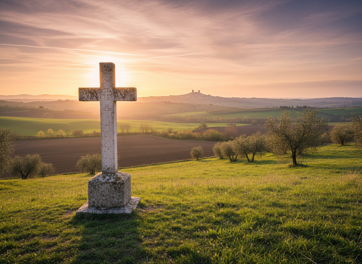 A simple stone cross standing alone on a gentle Umbrian hillside, its pale, weathered surface etched with faint carvings that suggest the era of Saint Francis. Around it stretches a patchwork of soft green fields and olive groves, with Assisi’s silhouette barely visible in the distant haze. Late afternoon sun bathes the landscape in warm, golden light, casting a long, contemplative shadow from the cross. The sky is expansive and luminous, with delicate clouds. Photographic realism at eye level, with a calm, reverent atmosphere and a wide depth of field that emphasizes the universal, timeless message of peace and simplicity associated with San Francesco.