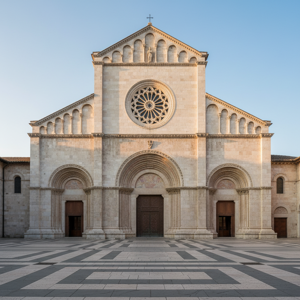 An ancient stone church façade inspired by the Basilica of Saint Francis in Assisi, captured without people, focusing on its creamy limestone walls, elegant arches, and a large, circular rose window. The stones show subtle variations of beige, rose, and gray, revealing centuries of history. Early morning light grazes the façade from the side, highlighting carvings and creating gentle shadows in recessed details. The square in front is empty, paved with orderly light and dark stone bands. Photographic realism with a slightly elevated angle, sharp focus, and a serene, educational atmosphere suitable for explaining the historical and spiritual importance of San Francesco as a universal figure.