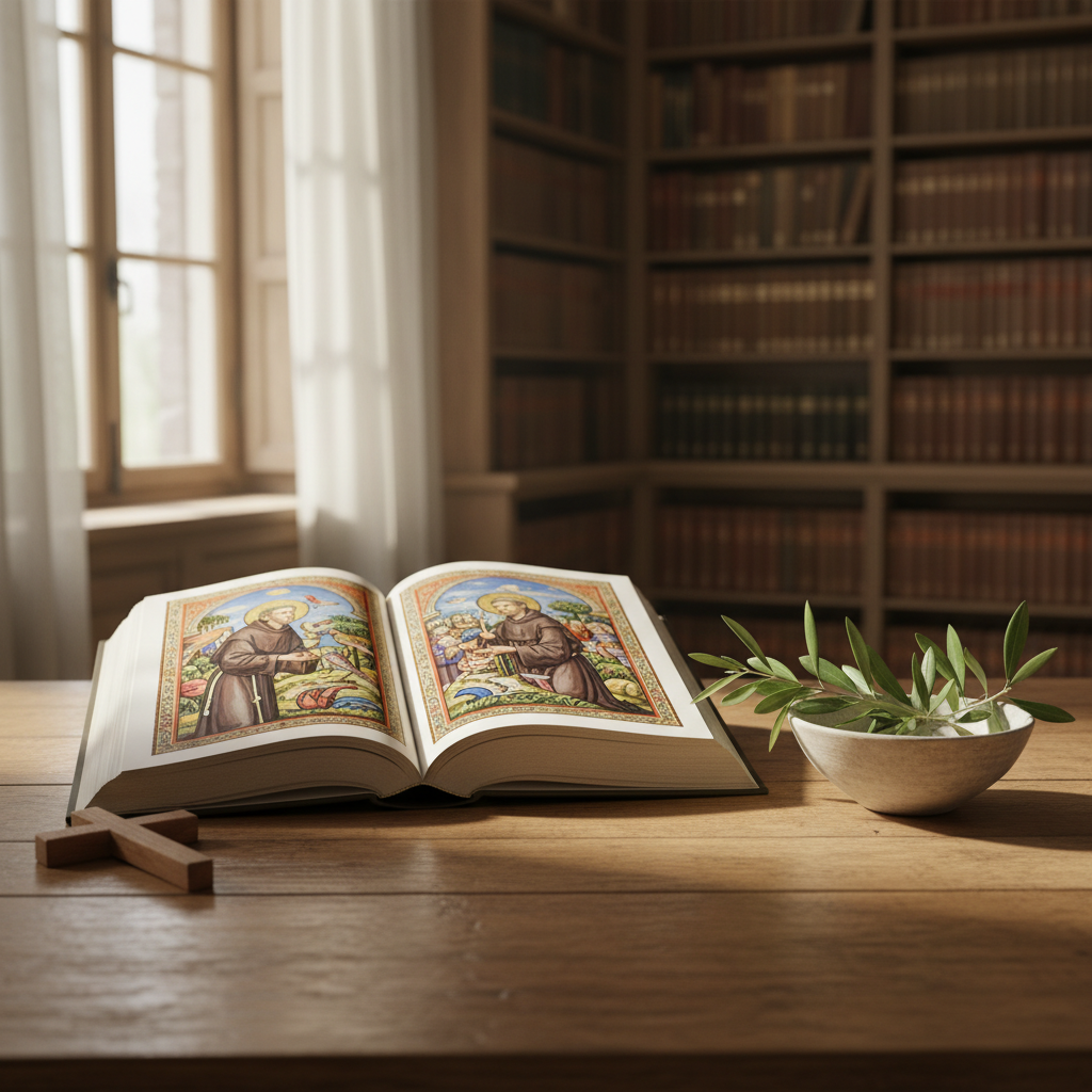 A neatly arranged study table dedicated to learning about Saint Francis, with an open, richly illustrated book showing medieval depictions of the saint, surrounded by a small wooden Tau cross, a simple unadorned clay bowl, and a sprig of olive branch. The table is made of warm, natural wood with visible grain, placed near a tall window. Soft, diffused daylight filters through sheer curtains, creating a peaceful glow and subtle shadows across the pages. Photographic realism, shot from a slightly elevated angle with shallow depth of field to keep the book and symbolic objects in crisp focus, while the background shelves of carefully ordered books remain gently blurred, reinforcing a professional, educational mood.