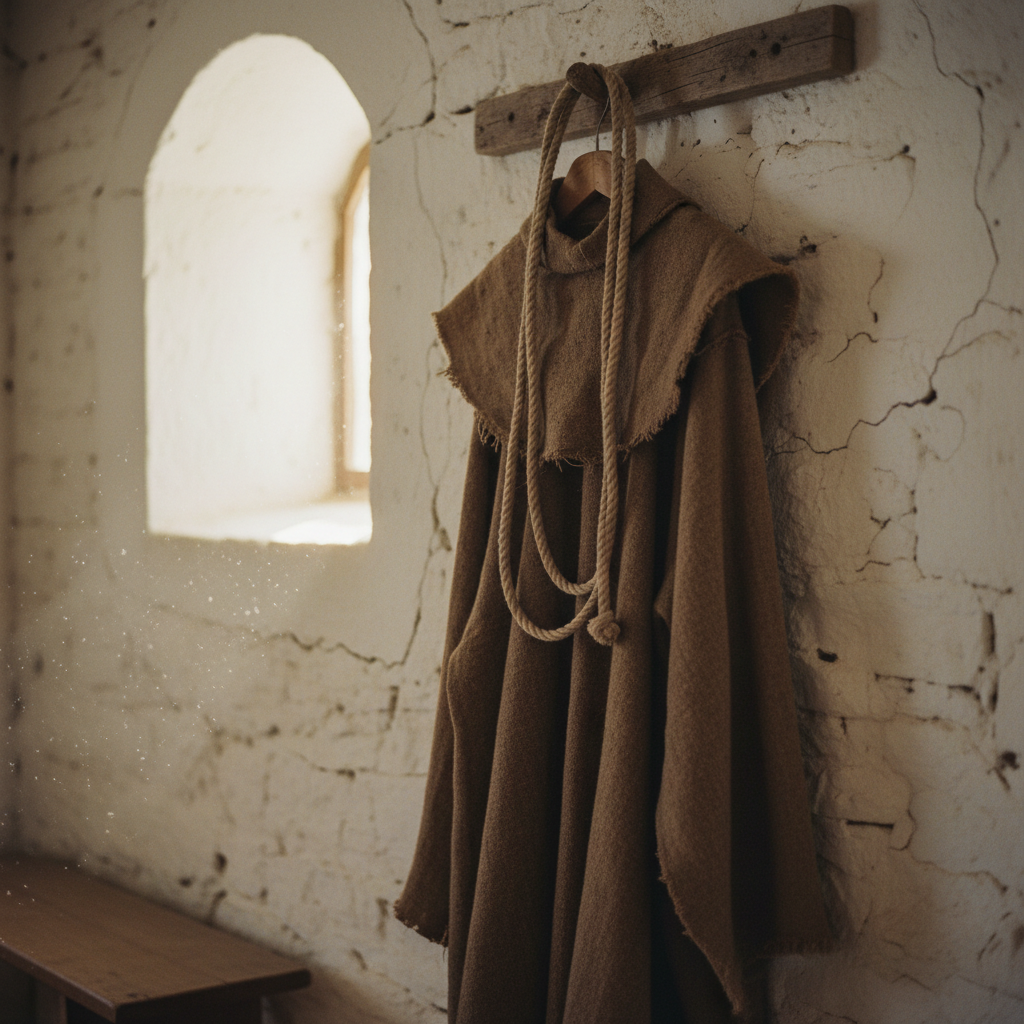 A close-up photographic view of a rough, simple brown woolen habit hanging on a wooden peg against a whitewashed stone wall, evoking the clothing of Saint Francis without depicting a person. The fabric’s coarse texture and slightly frayed edges are rendered in fine detail, with a plain rope cord looped neatly over the hook. A small, narrow window nearby lets in a shaft of gentle morning light, illuminating the garment and catching dust motes in the air, while the background falls gradually into softer focus. The mood is humble and contemplative, highlighting Franciscan poverty and simplicity. Photographic realism, centered composition, and a calm, educational tone suitable for explaining Franciscan values.