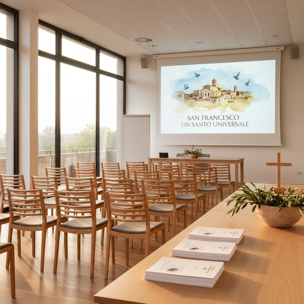 A contemporary community room prepared for an educational workshop on Saint Francis, intentionally shown without people. Rows of simple wooden chairs face a large projection screen that displays a blurred, abstract image of Assisi’s skyline and doves in flight. On a long table at the side rest neatly stacked informational booklets, a small wooden Tau cross, and a ceramic bowl filled with olive branches symbolizing peace. Large windows along one wall let in late afternoon natural light, creating soft highlights on chair backs and a bright, hopeful atmosphere. Photographic realism with a wide-angle lens, clean composition, and sharp focus to convey organized community participation and the professional character of the “San Francesco un Santo Universale” project.