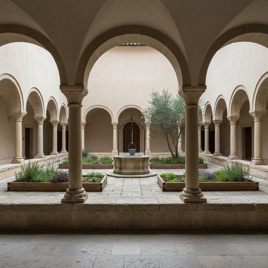 A quiet cloister courtyard reminiscent of Franciscan architecture, seen from under a sequence of stone arches. The inner garden features a simple stone well at its center, low herb beds, and a single, modest tree casting dappled shade on the worn flagstones. The walls encircling the courtyard are plain, light-colored plaster with minimal ornament, reflecting the ideal of poverty and simplicity of San Francesco. Soft overcast daylight provides even, diffused illumination, with gentle, contemplative shadows along the corridor. Photographic realism at eye level, using the repeating arches to create strong linear perspective and depth. The atmosphere is meditative and professional, ideal to illustrate monastic spaces linked to Saint Francis’s life and message.
